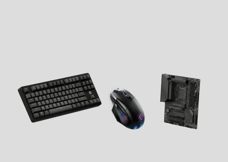 Wireless keyboard, gaming mouse, and motherboard on gray background.