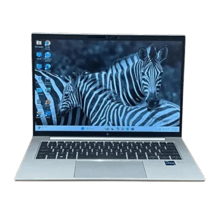 HP EliteBook 840 G9 laptop with zebra wallpaper on screen.