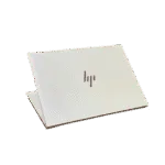 White HP EliteBook 840 G9 laptop with logo on lid, angled view.
