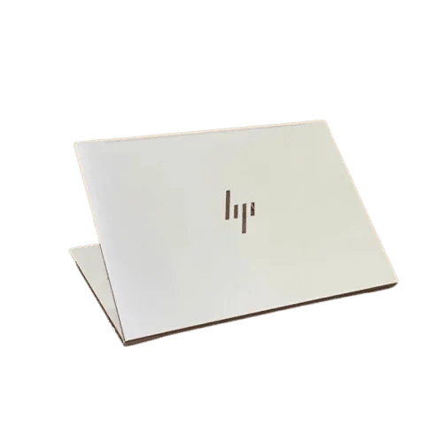 White HP EliteBook 840 G9 laptop with logo on lid, angled view.