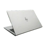 White HP EliteBook 845 G8 AMD laptop with logo on lid, open view.