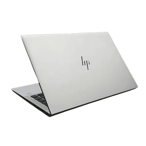 HP EliteBook 845 G8 AMD Laptop White HP EliteBook 845 G8 AMD laptop with logo on lid, open view.