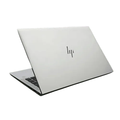 White HP EliteBook 845 G8 AMD laptop with logo on lid, open view.