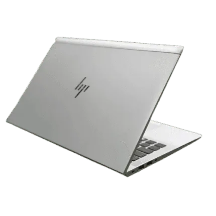 Silver HP EliteBook 845 G8 Ryzen 7 Pro laptop with open lid.