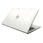 White HP EliteBook 850 G8 laptop with logo, partially open.
