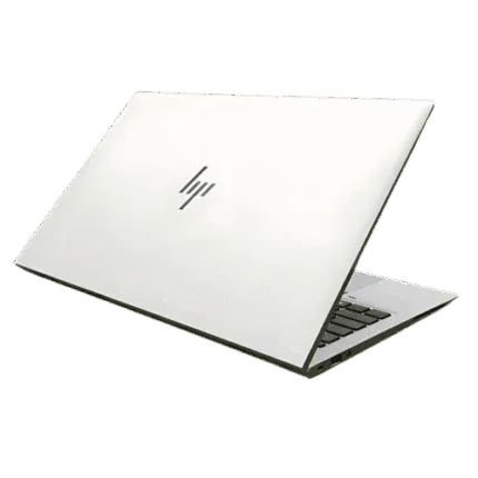 White HP EliteBook 850 G8 laptop with logo, partially open.