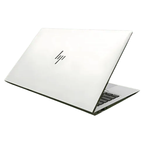 White HP EliteBook 850 G8 laptop with logo, partially open.