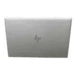 Silver HP Elitebook 645 G10 laptop with logo visible from back.