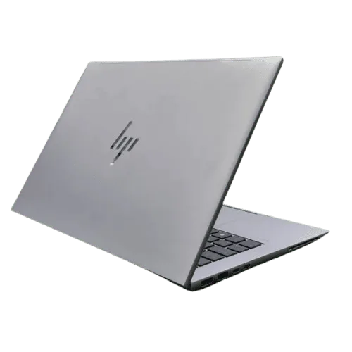 Silver HP ZBook Firefly 14 G11 laptop with open lid showing keyboard.