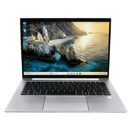 HP ZBook Firefly 14 G11 Ryzen 5 Pro laptop with a scenic desktop background.