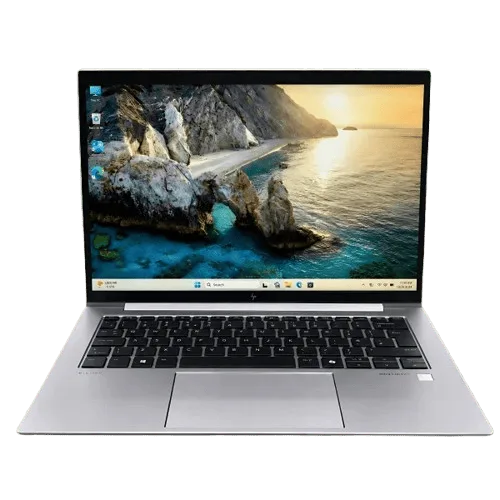 HP ZBook Firefly 14 G11 Ryzen 5 Pro laptop with a scenic desktop background.