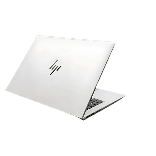 White HP EliteBook 845 G9 Ryzen laptop open with logo visible.