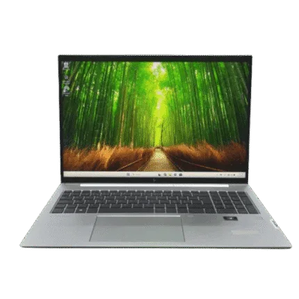 HP EliteBook 865 G9 laptop with forest wallpaper display.