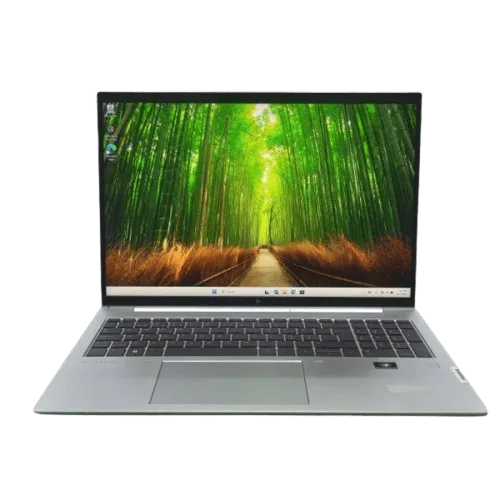HP EliteBook 865 G9 laptop with forest wallpaper display.