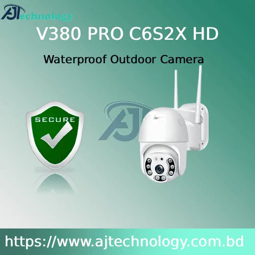 Waterproof outdoor security camera with WiFi and PTZ features.