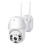 Wireless PTZ IP camera with dual antennas for surveillance.