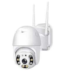 Wireless PTZ IP camera with dual antennas for surveillance.