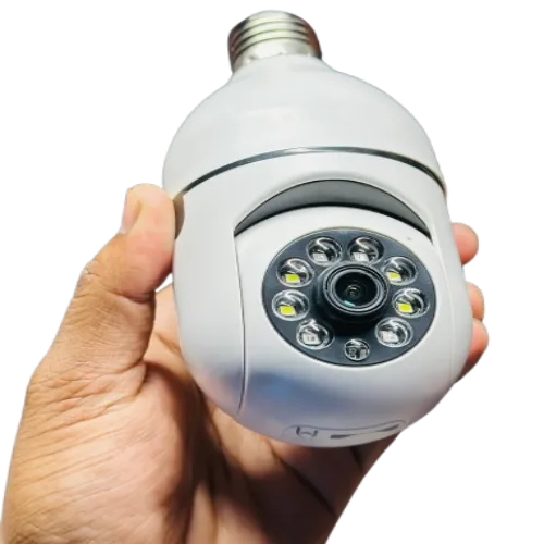 Hand holding a white wireless IP camera with infrared LEDs for night vision.
